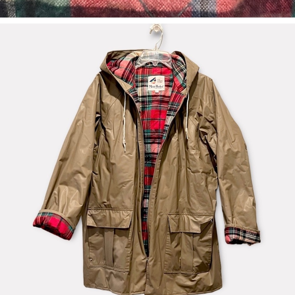 Vintage Misty Harbor Plaid Hooded Rain Coat Taupe/Khaki with Flannel Lining Sz L